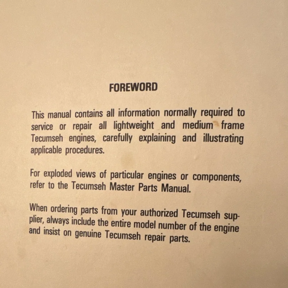 Tecumseh Engines Mechanic's Handbook 3-10 h.p. Light & Medium Frame MPN 692509